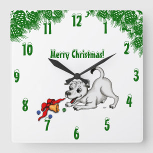 Puppy with Bell and Ball , Merry Christmas! Quadratische Wanduhr