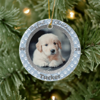 Puppy's First Christmas Foto Blue Paw Print Keramik Ornament