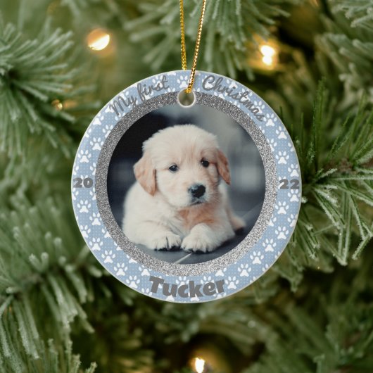 Puppy's First Christmas Foto Blue Paw Print Keramik Ornament (Baum)