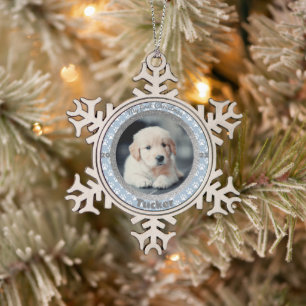 Puppy's First Christmas Foto Blue Paw Print Schneeflocken Zinn-Ornament