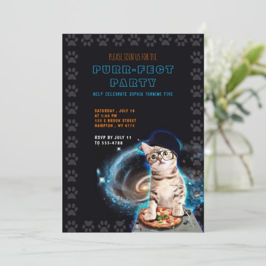 Pur-fect Party! DJ Cat Einladung (Stehend Vorderseite)