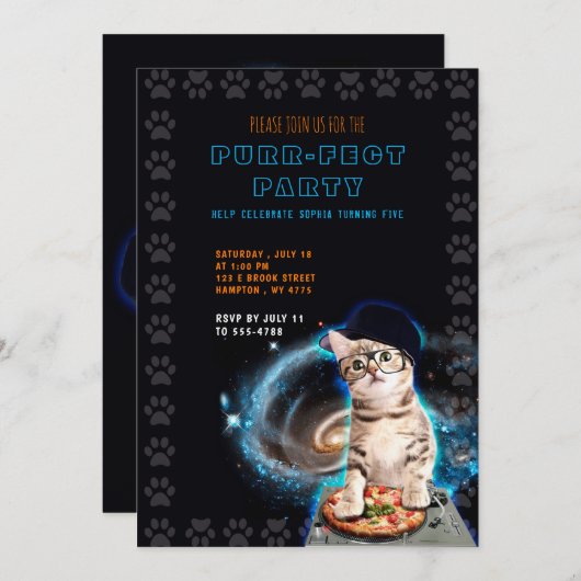 Pur-fect Party! DJ Cat Einladung (Vorne/Hinten)