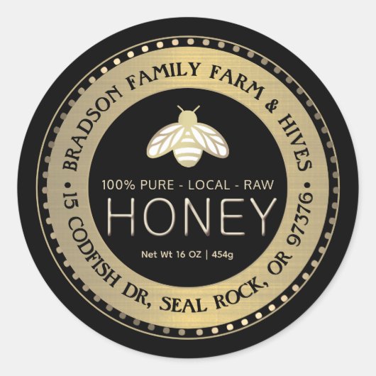 PURE LOCAL RAW HONEY Label mit stilisierten Goldbi Runder Aufkleber (Vorderseite)