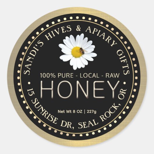 PURE LOCAL RAW HONEY schwarzes Gold mit Bienenblüt Runder Aufkleber (Vorderseite)
