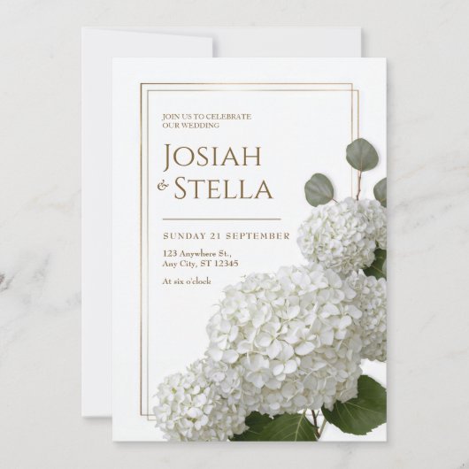 Pure White Minimalist Hydrangea Gold Frame Wedding Einladung (Vorderseite)