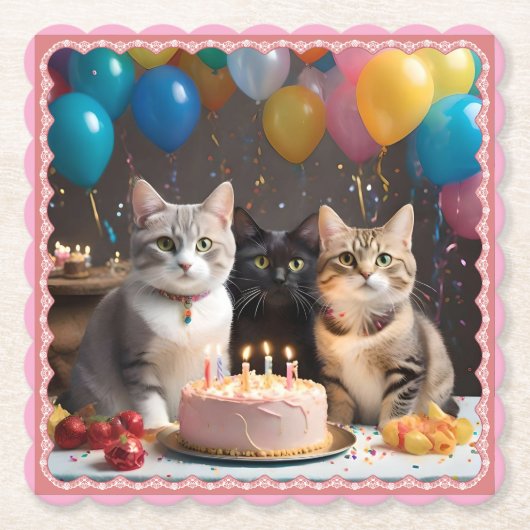 Purfect Celebration: Geburtstagsparty einer Katze, Untersetzer (Vorderseite)