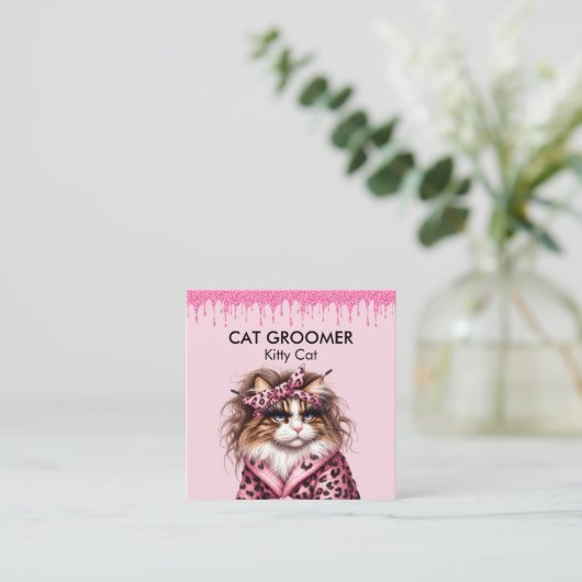Purferct Cat Groomer Sitter Rosa Glitzer Dripping Quadratische Visitenkarte (Stehend Vorderseite)
