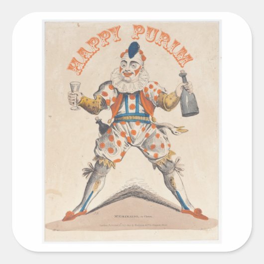 Purim. Glücklicher Clown. Lechaim Quadratischer Aufkleber (Vorderseite)