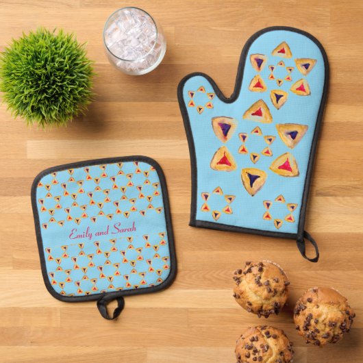 Purim Hamantaschen Personalizable Blue Ofenhandschuh & Topflappen-Set (Oben Unten)