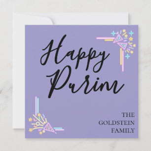 Purim Lila Neon-Partyhut Mishloach Manot Name Feiertagskarte