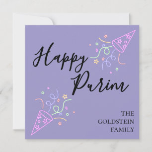 Purim Lila Neon-Partyhut Mishloach Manot Name Feiertagskarte