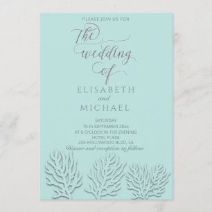 Puristisch blau mit romantischer Korallenkalligrap Einladung