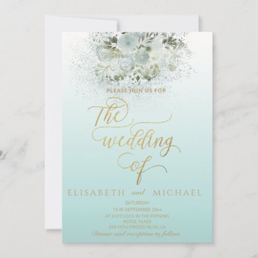 Puristisch-blauromantische Goldkalligrafie Einladung (Vorderseite)