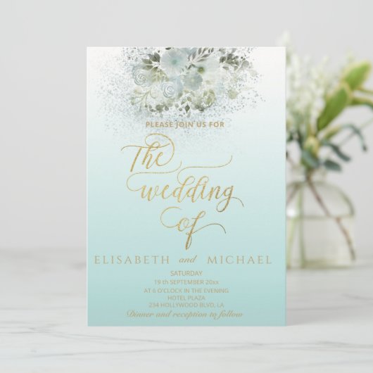 Puristisch-blauromantische Goldkalligrafie Einladung (Stehend Vorderseite)