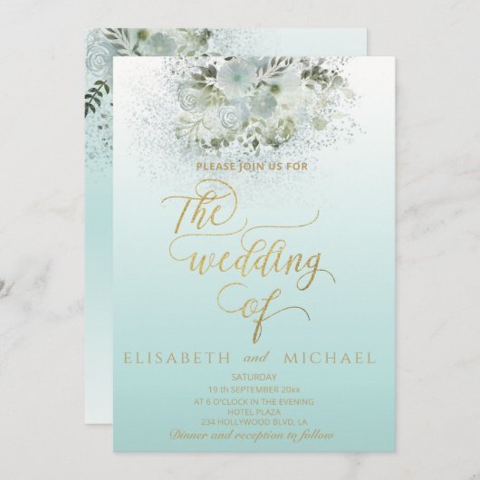 Puristisch-blauromantische Goldkalligrafie Einladung (Vorne/Hinten)