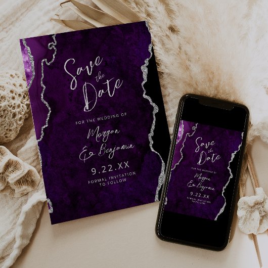 Purple Agate Silver Script Wedding Save the Date Einladung