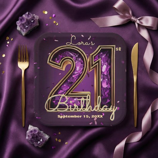 Purple Amethyst Crystal Gold 21st Birthday Pappteller