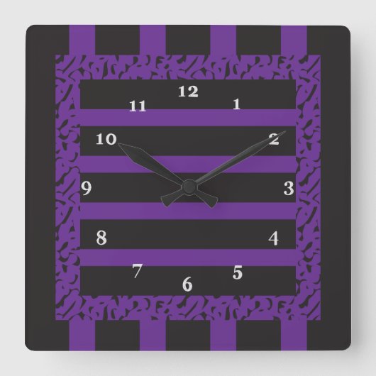 Purple and Black Striped Leopard Print Quadratische Wanduhr (Vorderseite)