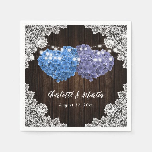 Purple and Blue Floral Hearts Wood Lace Wedding Serviette (Vorderseite)