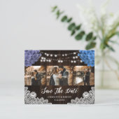 Purple and Blue Floral Photo Collage Wedding Save The Date (Stehend Vorderseite)