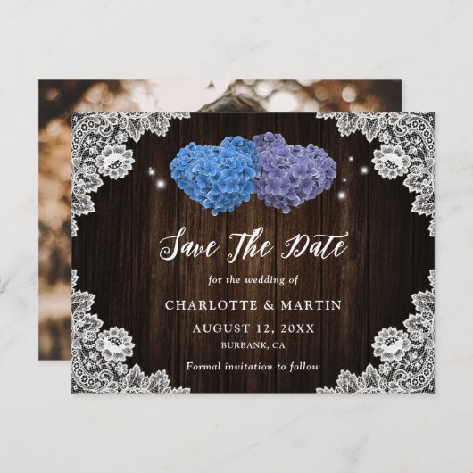 Purple and Blue Floral Photo Wedding Save The Date (Vorne/Hinten)
