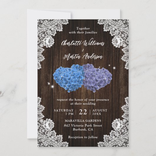 Purple and Blue Rustic Floral Lace Wood Wedding Einladung (Vorderseite)