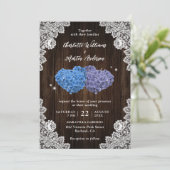 Purple and Blue Rustic Floral Lace Wood Wedding Einladung (Stehend Vorderseite)