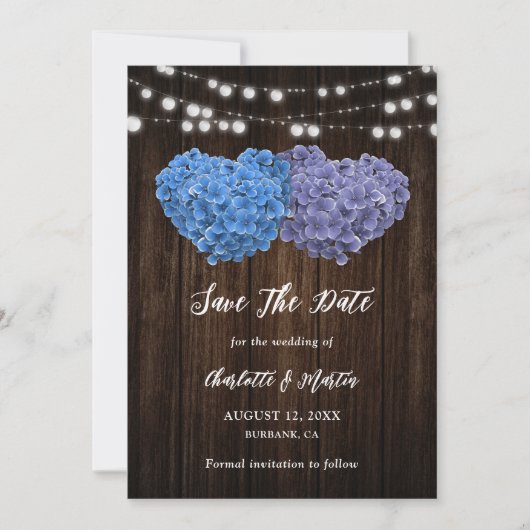 Purple and Blue Rustic Wood Floral Hearts Wedding Save The Date (Vorderseite)