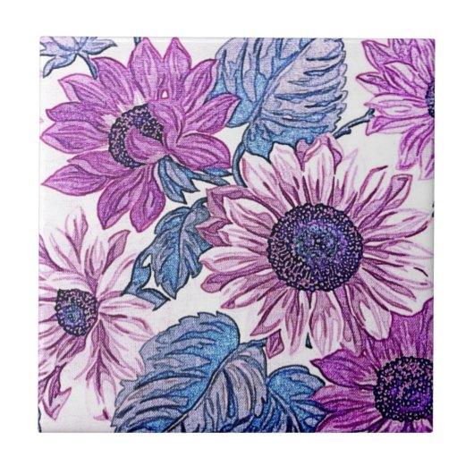 Purple and Blue Vintage Flower Art Fliese (Vorderseite)