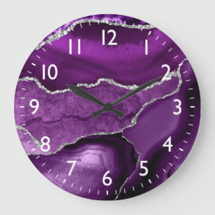 Purple and Faux Silver Glitter Marble Agate Große Wanduhr