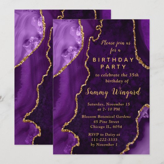 Purple and Gold Agate Marble Birthday Party Einladung (Vorne/Hinten)