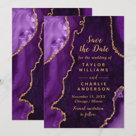 Purple and Gold Agate Marble Save The Date Einladung (Vorne/Hinten)