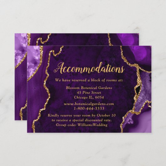 Purple and Gold Agate Wedding Accommodations Begleitkarte (Vorne/Hinten)