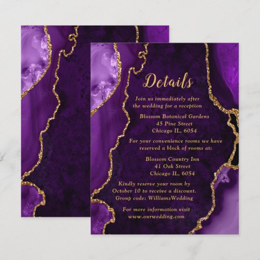 Purple and Gold Agate Wedding Details Begleitkarte (Vorne/Hinten)