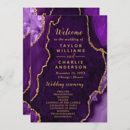 Purple and Gold Agate Wedding Program Programm (Vorne/Hinten)