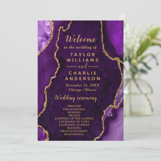 Purple and Gold Agate Wedding Program Programm (Stehend Vorderseite)