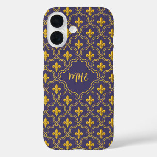 Purple and gold fleur-de-lys quatrefoil pattern iPhone 16 hülle