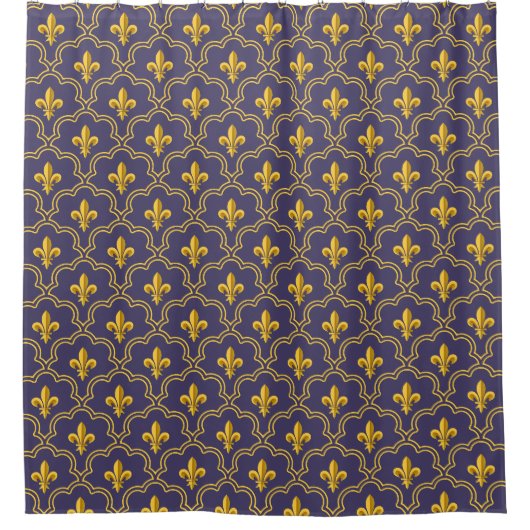 Purple and gold fleur-de-lys quatrefoil pattern duschvorhang (Vorderseite)