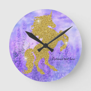 Purple and Gold Glitter Unicorn Wall Clock Runde Wanduhr