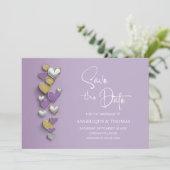 Purple and Gold Hearts Wedding Save the Date (Stehend Vorderseite)