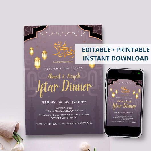 Purple and Gold Islamic Lanterns Iftar Invitation Einladung