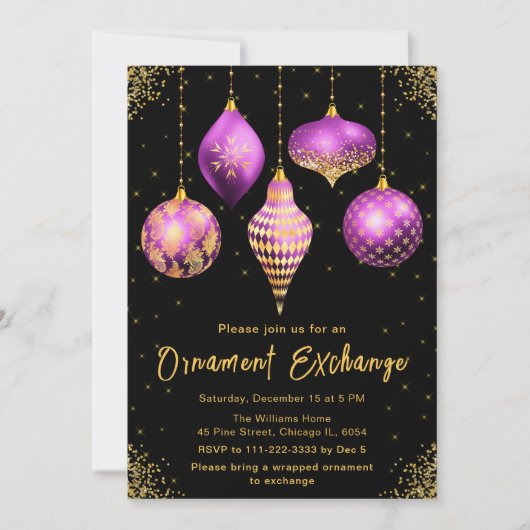 Purple and Gold Ornament Exchange Party Einladung (Vorderseite)