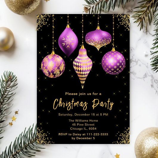 Purple and Gold Ornaments Christmas Party Einladung