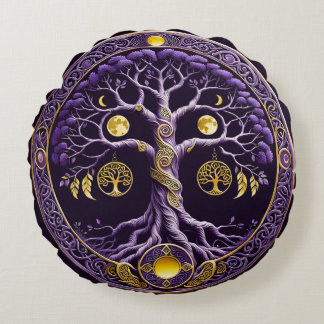 Purple and Gold Tree of Life Mandala Rundes Kissen