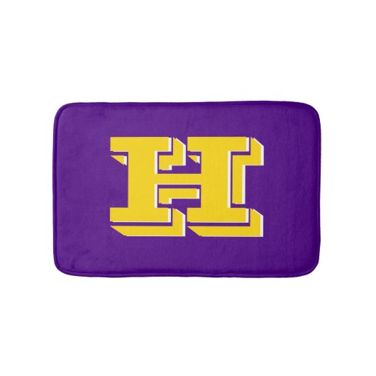 Purple and Gold Varsity Letter Style Monogram Badematte (Vorderseite)