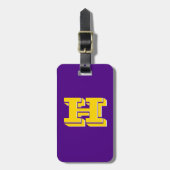 Purple and Gold Varsity Letter Style Monogram Gepäckanhänger (Vorderseite vertikal)