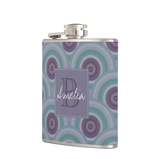 Purple and Green Retro Circles Pattern Monogram Flachmann (Links)