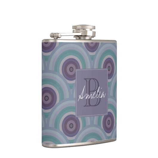 Purple and Green Retro Circles Pattern Monogram Flachmann (Rechts)