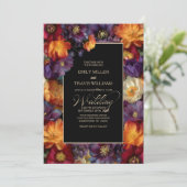 Purple and Orange Floral Black Wedding Einladung (Stehend Vorderseite)