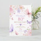 Purple and Pink Floral Butterfly 80th Birthday Einladung (Stehend Vorderseite)